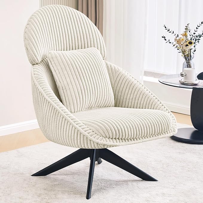 Furniliving Modern Accent Chair Upholstered Swivel Desk Chair for Living Room, Sofa Chair for Bedroom Armchair Side Chair with Headrest Bedroom Chair with Pillow Comfy Corduroy Chairs, Beige