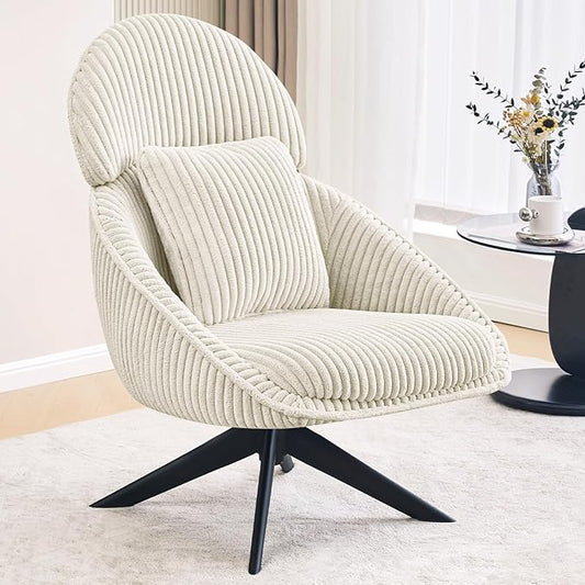 Furniliving Modern Accent Chair Upholstered Swivel Desk Chair for Living Room, Sofa Chair for Bedroom Armchair Side Chair with Headrest Bedroom Chair with Pillow Comfy Corduroy Chairs, Beige
