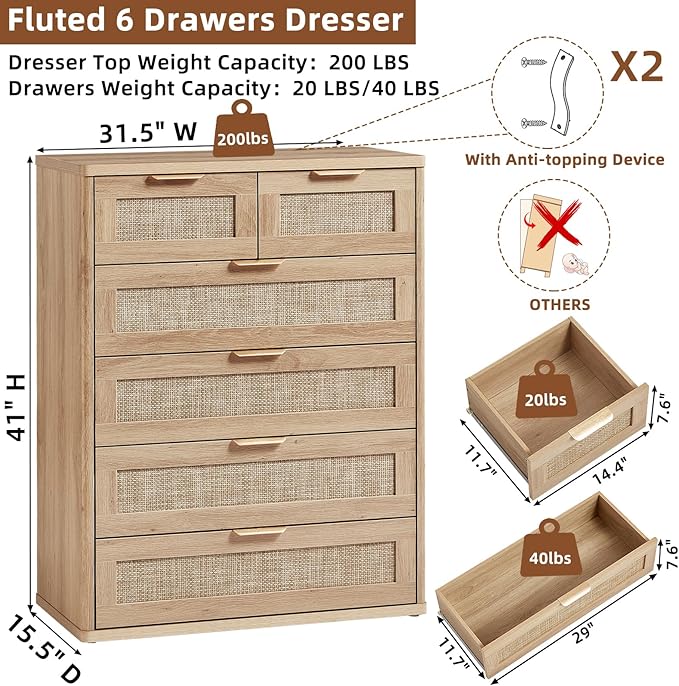 LEYAOYAO Rattan Dresser for Bedroom Set of 2, 41" Tall Chest of Drawers, Modern 6 Drawers Boho Dressers with Storage, Light Oak Dresser Wooden Closet Organizer for Living Room, Hallway, Natural Wood