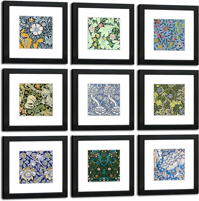 8x8 Picture Frame Set of 9 for Pictures 5x5 with Mat or 8x8 Without Mat, Wall Gallery or Tabletop display Photo Frames in Black