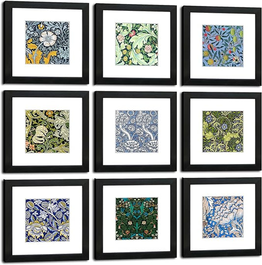 8x8 Picture Frame Set of 9 for Pictures 5x5 with Mat or 8x8 Without Mat, Wall Gallery or Tabletop display Photo Frames in Black