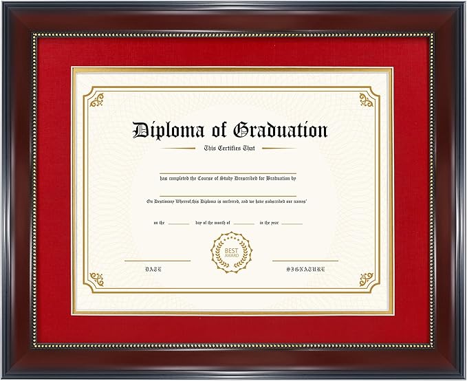 GraduatePro 8.5x11 Diploma Frame with Red Over Gold Mat or Display 11x14 Document Without Mat, CPA License Frame, UV Protection Acrylic, Mahogany with Gold Beads