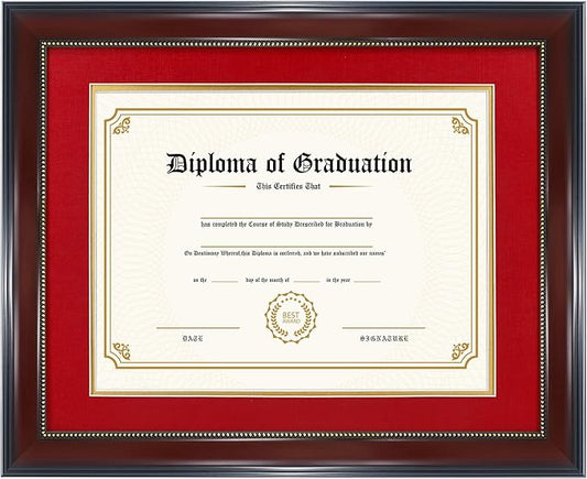 GraduatePro 8.5x11 Diploma Frame with Red Over Gold Mat or Display 11x14 Document Without Mat, CPA License Frame, UV Protection Acrylic, Mahogany with Gold Beads