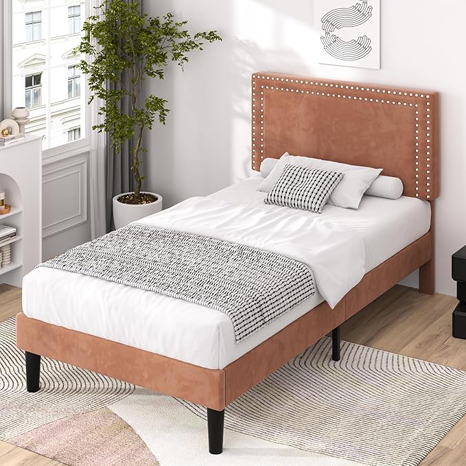VECELO Twin Size Platform Bed Frame with Adjustable Upholstered Headboard, Strong Wood Slat Support, No Box Spring Needed, Easy Assembly