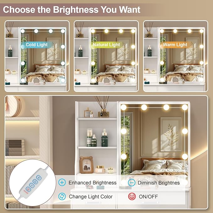 Small Vanity Desk with Sliding Mirror & Bulbs Lights, 3 Color Light Settings Makeup Table with 6 Storage Drawers and 6 Shelves, Bedroom Dressing Table with Chair for Girls, White