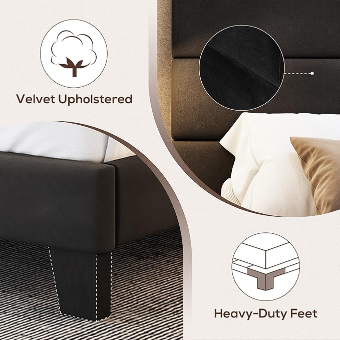 WEEWAY Queen Bed Frame Platform Bed with Velvet Upholstered Headboard and Wooden Slats Support, Heavy Duty Mattress Foundation, No Box Spring Needed, Easy Assembly, Black