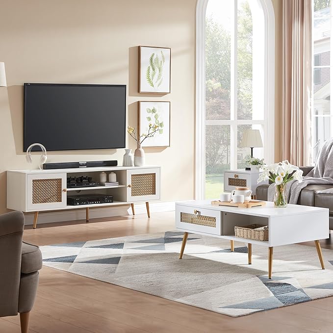 JYED Mid Century Modern TV Stand with Metal Mesh Doors and Open Shelf for 65" TVs,Antique White Media Console Wood Entertainment Center with Cable Holes for Living Room.59.06"x15.55"x20.87"