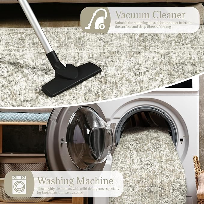 2'x6' Washable Runner Rug Utral Soft Lightweight Vintage Boho Distressed Non-Slip Backing,Low Pile Stain Resistant Farmhouse Rug for High-Traffic Hallway, Kitchen & Laundry