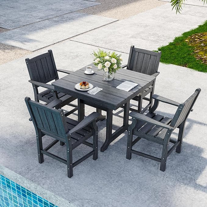Wood Grain 5-Piece Outdoor Dining Set, Spacious HDPE Outdoor Table and Chairs, All-Weather Patio Table and Chairs Set with Umbrella Hole and Elegant Armrest for Porch, Poolside, Gray