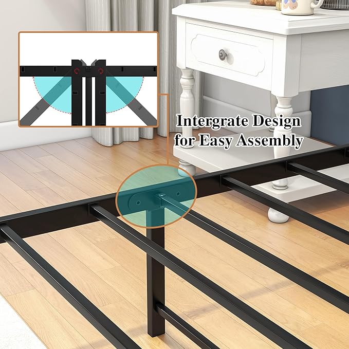 Queen Bed Frame with Storage Headboard/Power Outlets/USB Ports Charging Station,Metal Bed Frame Queen Size No Box Spring Needed,Under Bed Storage,Easy Assembly,Warm Grey