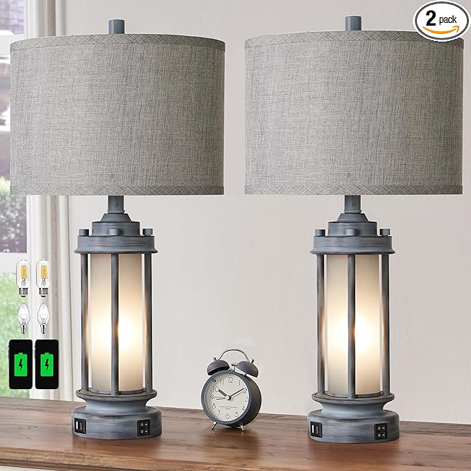 Set of 2 Rustic Table Lamps for Living Room, Farmhouse Vintage Nightstand Lamp with 2 USB Ports, Antique Retro Light Green Glass Night Light for Bedroom Entryway, 4 Bulbs Included