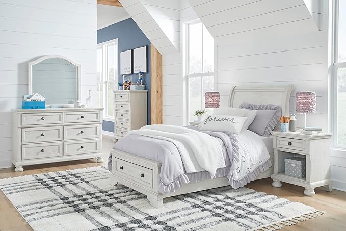 Signature Design by Ashley Robbinsdale Casual Twin Sleigh Storage Platform Bed with 1 Drawer, Foundation or Box Spring Not Needed, White