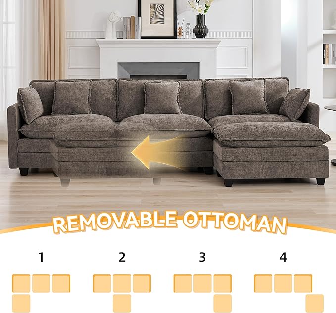 111'' Sectional Cloud Deep Seat Couch, Modern Comfy Chenille L Shaped Sectional Sofa for Living Room Set, Upholstered Modular 3-Seats Sofa Couch with 1 Movable Ottoman, Brown