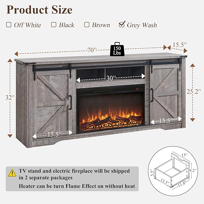 JXQTLINGMU Farmhouse Fireplace TV Stand for 80 Inch TV, 32" Tall Entertainment Center w/Drawer & Sliding Barn Door, 70 Inch Highboy Media Console for Living Room, Grey Wash
