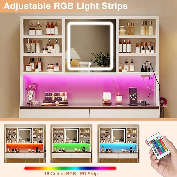 Vanity Desk with Mirror and Lights, 47inch Makeup Table with 3 Color Modes, Large Vanity Desk with Power Outlet, Light Strip, 2 Drawers, 8 Shelves, Cushioned Stool for Bedroom, White