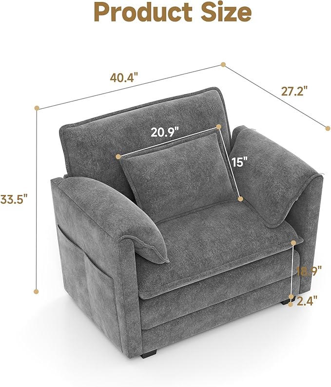 Real Relax 40.4'' Modular Sectional Sofa, Single Seat Chenille Convertible Couch with 2 Pillows and 2 Armrest Pillows for Living Room, Office and Leisure Places, Dark Gray