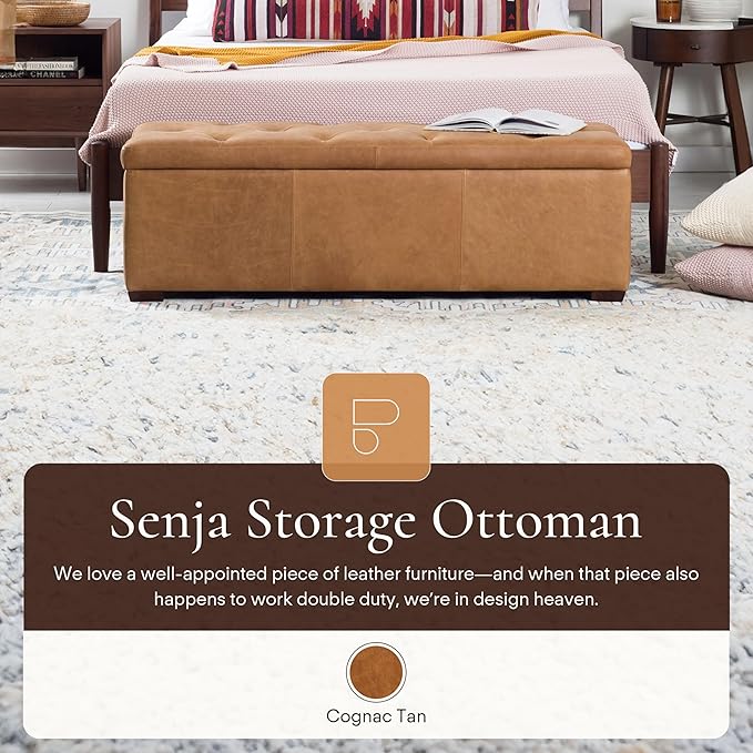 Poly & Bark Senja Storage Ottoman – 52" Large with Feather-Down Topper – Full-Grain Leather Upholstered Ottoman Box – Bench or Bedroom Storage – Vintage Italian Leather in Cognac Tan