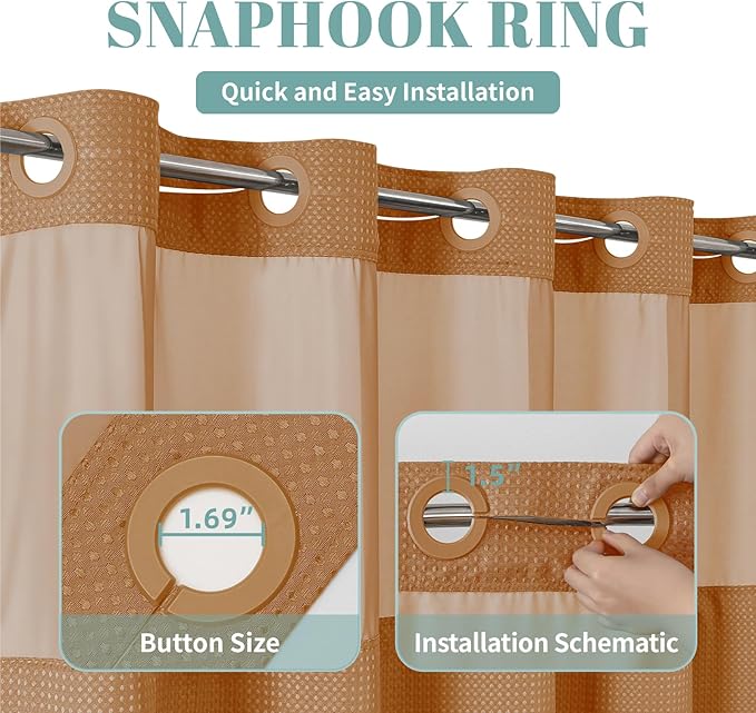 BurntOrange No Hook Waffle Weave Shower Curtain with snap-in Liner Replacement, 230GSM Waterproof Fabric Hotel Shower Curtain Set for Bathroom, Through Mesh Top Window,71Wx74H