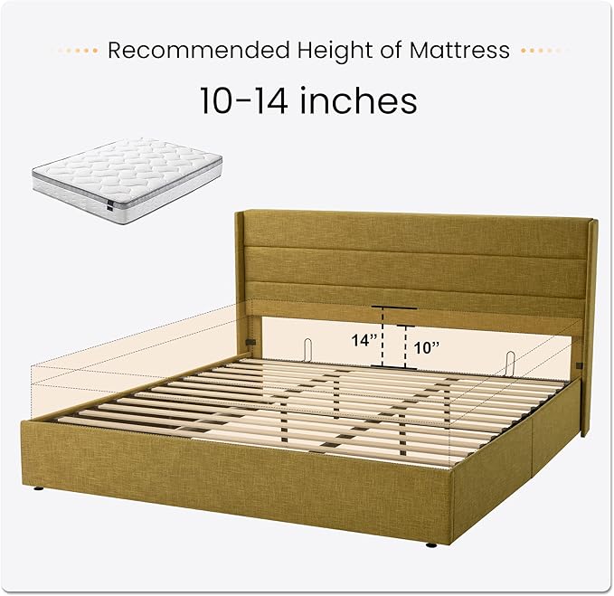SHA CERLIN King Size Lift Up Storage Bed/Modern Wingback Headboard/Upholstered Platform Bed Frame/Hydraulic Storage/No Box Spring Needed/Wood Slats Support/Olive Yellow