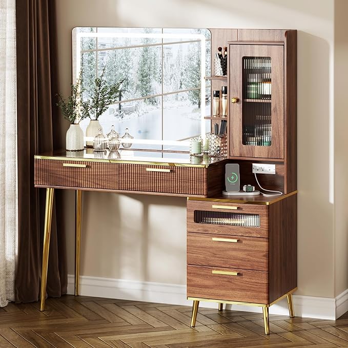 47.24" Big Modern Vanity Desk with Mirror and Lights,Makeup Vanity Desk with 5 Drawers and Storage Shelves & Power Outlet,Dressing Table with Glass Top, Brown