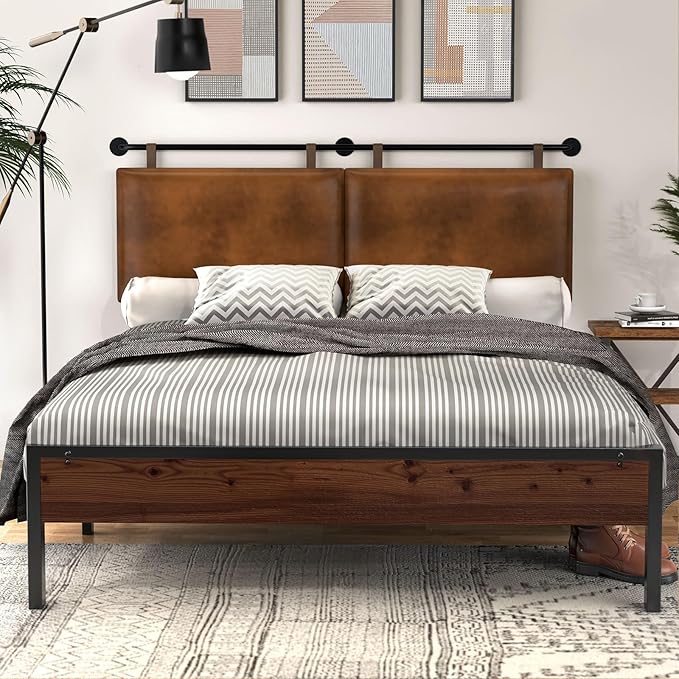 King Size Bed Headboard Wall Mount PU Leather Head Board Only Brown Hanging Head Boards, Industrial Pipe Modern Bed Backboard for Bedroom(Brown Leather, King)