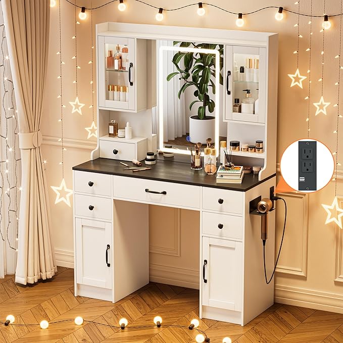 KAMABOKO Vanity Desk with Mirror & LED Lights & Power Outlet, Large Makeup Vanity Table with 6 Drawers and 4 Storage Cabinets, Dressing Table for Bedroom (White&Black)
