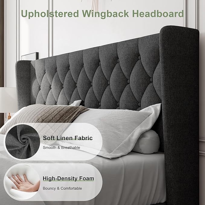 Feonase King Size Bed Frame with Wingback Tufted Headboard, Upholstered Platform Bed Frame with Heavy Duty Wooden Slats Support, Noise-Free, No Box Spring Needed, Easy Assembly, Dark Grey