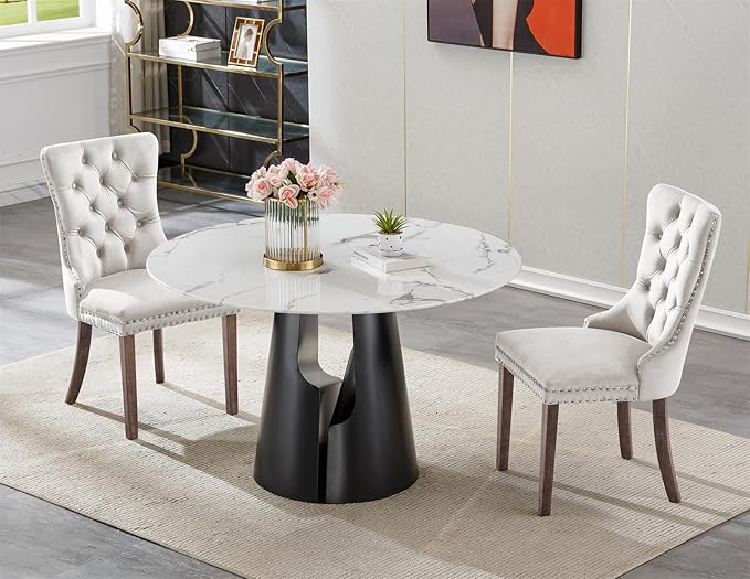 3-Piece Faux Marble Round Dining Table Set for 2, Modern Luxury Kitchen Table Set for 2 with Beige Tufted Chairs,Circle Dining Tables with White Marble Grain Top and Black Pedestal Base