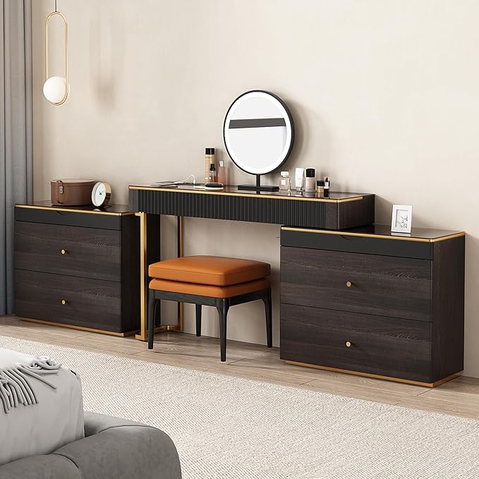 Lartis Makeup Vanity with Stool, Very Easy to Assemble,Retractable TV Cabinet Combination, Dressing Table Desk in one, Super Storage