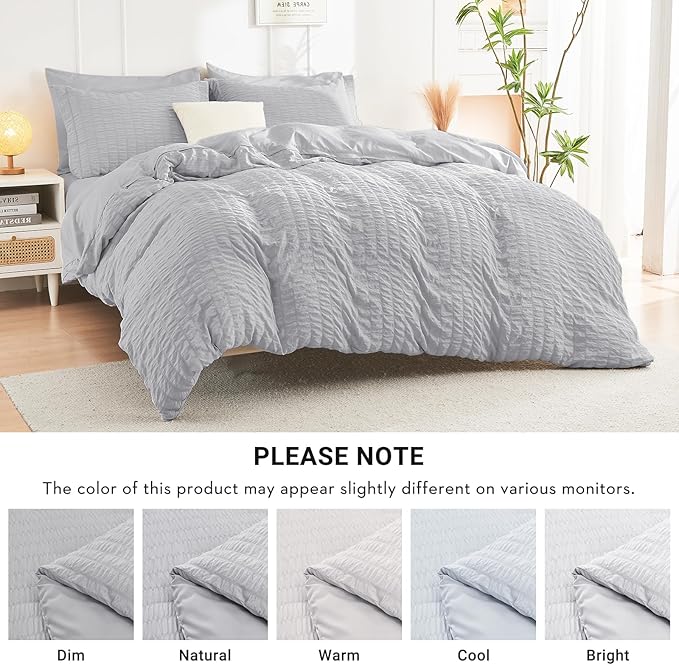 HYMOKEGE Light Grey Twin XL Comforter Set Seersucker 5 Pieces, All Season Luxury Bed in a Bag for Bedroom, Bedding Set with Comforter, Sheets, Pillowcase & Sham