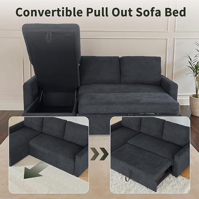 83" Pull Out Sleeper Couch with Storage Chaise, Couch, Sofa Bed, Convertible L Shaped Sofa for Living Room, Apartment, Dark Grey