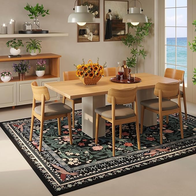 Area Rugs 8x10 for Living Room Clearance Washable Vintage Floral Botanical Rug Non Slip Low Pile Large Rug for Bedroom, Farmhouse, Dining Room, Kids Playroom, Black