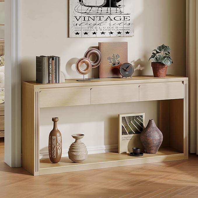 Treocho 63.9" Long Console Tables for Entryway, Farmhouse Entryway Table with Drawers, Narrow Sofa Table Behind Couch Table for Living Room, Entrance, Hallway, Natural
