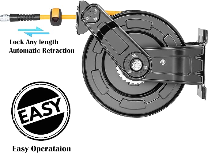 Premium Steel Retractable Air Hose Reel With Dual Arm, 3/8"x65Ft Hybrid Polymer Hose, Heavy Duty Air Hose Reel included Auto Rewind Reel | Quick Air Coupler | Durable Double side Frame