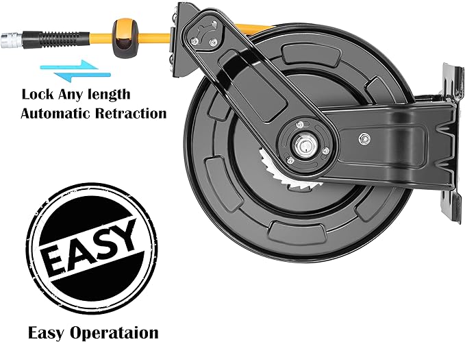 Premium Steel Retractable Air Hose Reel With Dual Arm, 3/8"x50Ft Hybrid Polymer Hose, Heavy Duty Air Hose Reel included Auto Rewind Reel | Quick Air Coupler | Durable Double side Frame.