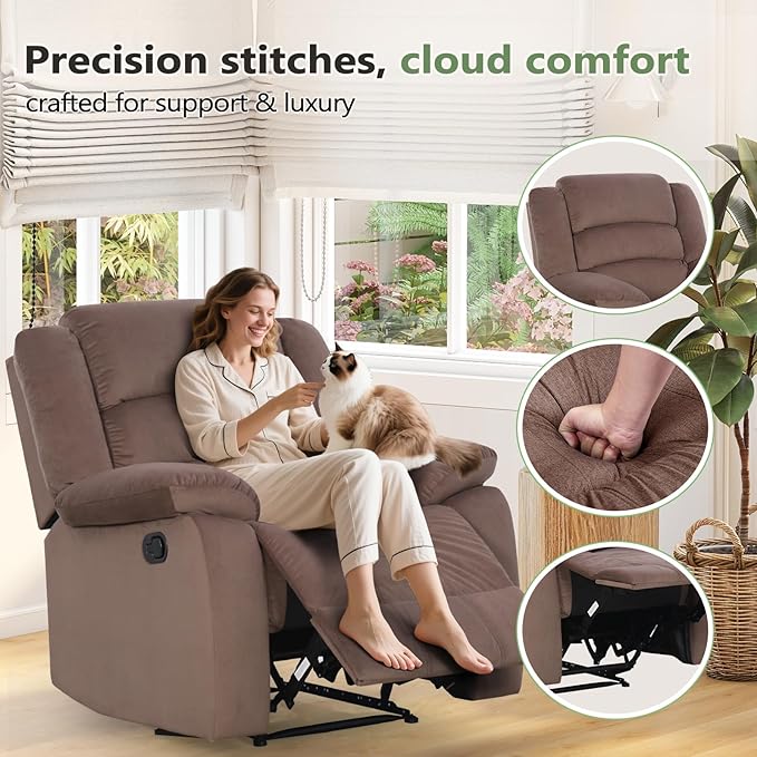 ANJ Fabric Recliner Chair Set of 2, with Overstuffed Arm and Back, Comfy Chocolate Manual Reclining Chairs for Adults, Living Room Single Sofa Recliners