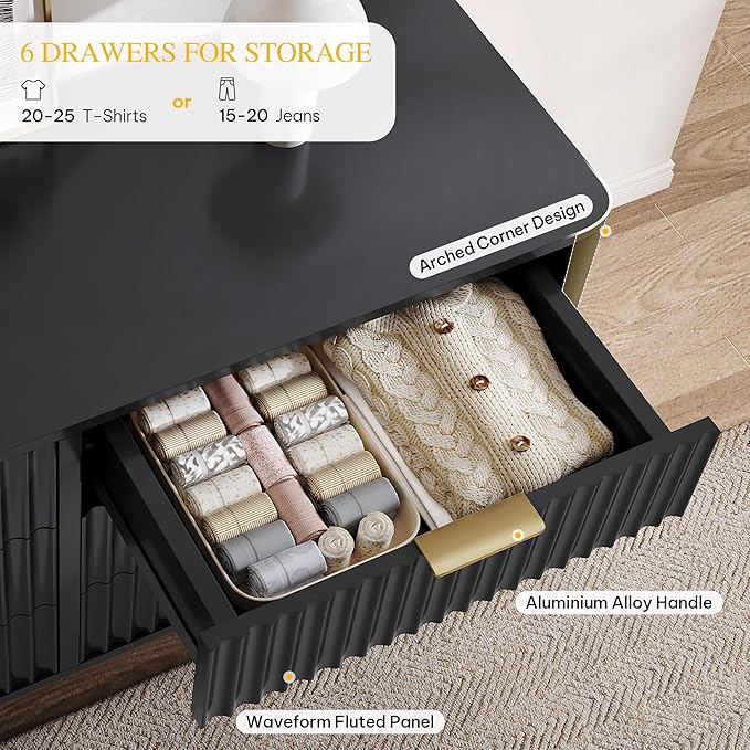 DWVO 6 Drawer Dresser with Waveform Fluted Panel, Wider Modern Closet Dressers Chest of Drawers, Wood Storage Dresser Organizer for Dorms, Flats, Living Rooms, Hallways, Black