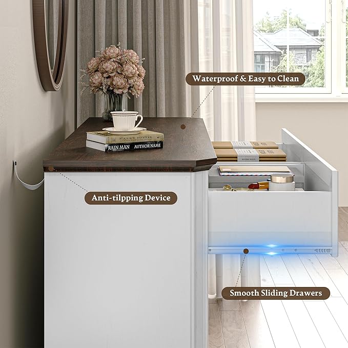 Farmhouse Dresser for Bedroom with 6 Drawer, 48" Wide Rustic Chest of Drawers with Metal Handle, Wood Vintage Dresser TV Stand, Wooden Closet Storage Dressers Organizer for Living Room, Hallway, White