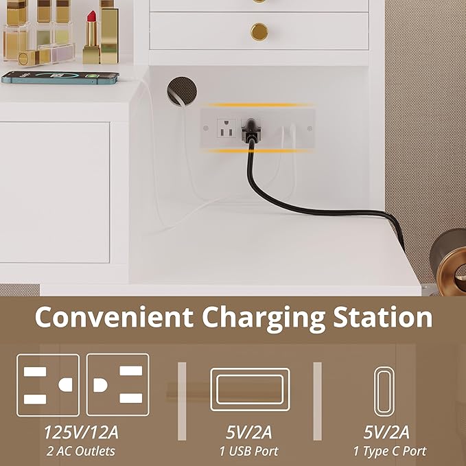 IRONCK Vanity Desk with Mirror and Lights, Makeup Vanity Table with 5 Drawers & Shelves, Power Outlet, Vanity Stool, Dressing Table with Jewelry Storage for Bedroom, White & Gold