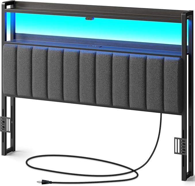 Rolanstar Headboard for Queen Size Bed with Storage, 60,000 DIY Color of LED Light, Head Board with USB & Type C Port, Height Adjustable, Black Upholstered Cabeceras de Cama Comfortable Modern, Linen