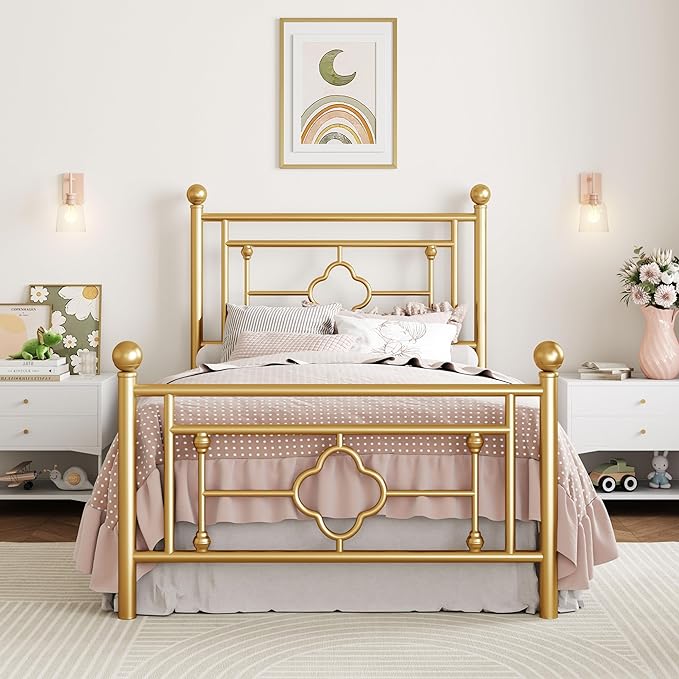 SHA CERLIN 14 Inches Twin Size Metal Platform Bed Frame/Vintage Iron-Art Headboard and Footboard/Mattress Foundation/No Box Spring Needed/Noise-Free/Easy Assembly/Gold