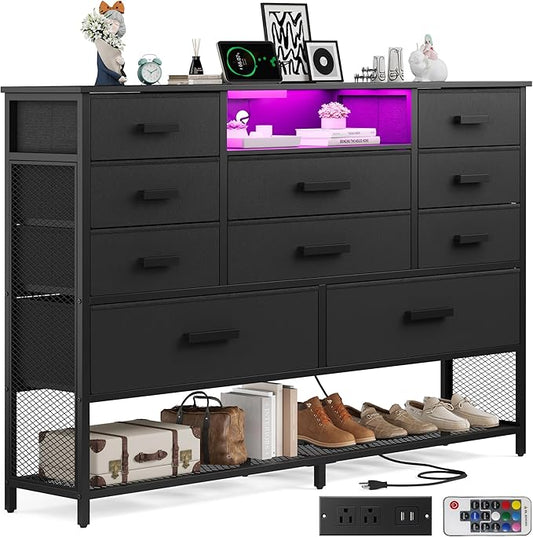 Black Dresser for Bedroom with 10 Drawers, Chest of Drawers with Charging Station, TV Stand Storage with LED Light for 55" TV, Fabric Drawers with PU Finish, Dresser with Shelves for Closet