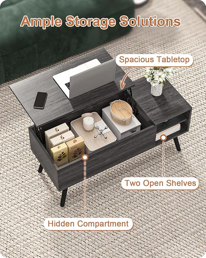 ALINE FURNITURE Gray Coffee Table Lift Top - Dark Grey Wood Coffee Table with Hidden Compartment Storage - 40" Rectangle Coffee Tables for Living Room