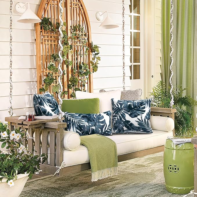 LVTXIII Outdoor/Indoor Lumbar Pillows, Decorative Patio Lumbar Cushions, Fluffy Water Repellent Garden Cushions for Home Patio Coach Sofa Use, 12×20 Inch, Pack of 2, Palm Blue