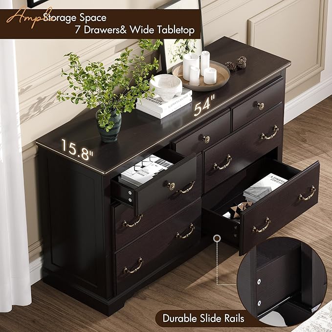 Farmhouse 7 Chest of Drawers for Bedroom, 54" Wide Wood Dresser with Bronze Retro Handles & 3D Drawer Fronts, Closet Dresser for Bedroom, Hallway, Espresso