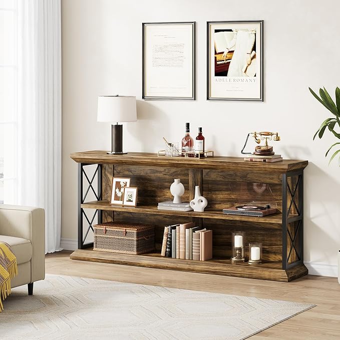 63 Inch Long Console Tables for Entryway with 3-Tier Storage, Wooden Sofa Table Behind Couch for Living Room Hallway, Entry, Brown