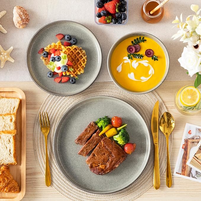 vancasso ANYA 18 Pieces Plates and Bowls Set, Stone Grey Dinnerware Sets, Reactive Glaze Dishes Set for 6, Ceramic Dishware Sets Kitchen Dinner Set, Microwave & Dishwasher Safe