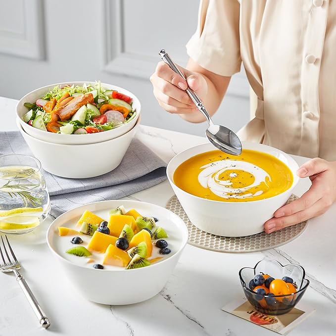 MALACASA 35 OZ Soup Bowls, White Porcelain Bowls Set of 4, Deep Bowl for Kitchen, Large Ceramic Bowls for Soup, Cereal, Salad, Ramen and Fruit, Dishwasher & Microwave Safe, Series Regular