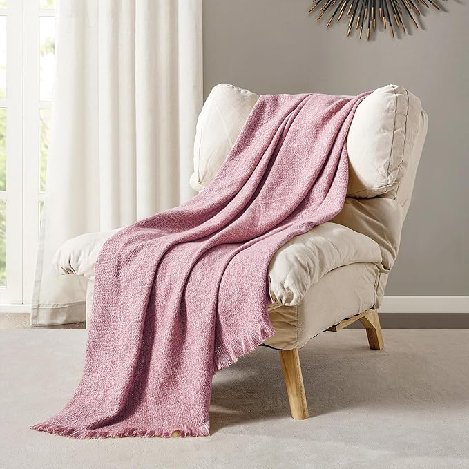 BOURINA Faux Cashmere Fringe Throw Blanket Decorative Lightweight Throw Soft Cozy for Bed or Sofa Outdoor Blanket, 50x70 Inches Rose Wine