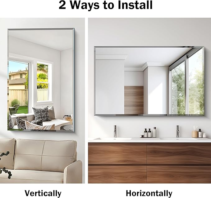Beveled Bathroom Mirror, 30x48 Inch Large Frameless Mirrors for Wall, Upgraded Shatterproof Beveled Frameless Vanity Mirror for Bathroom,Bedroom,Living Room and Entryway